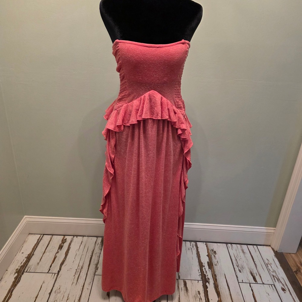 Free People Beach Coral Pink Smocked Ruffle Peplum Strapless Maxi Dress XS